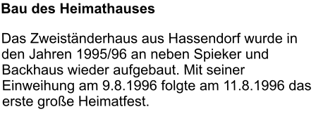 Bau des Heimathauses Das Zweiständerhaus aus Hassendorf wurde in den Jahren 1995/96 an neben Spieker und Backhaus wieder aufgebaut. Mit seiner Einweihung am 9.8.1996 folgte am 11.8.1996 das erste große Heimatfest.